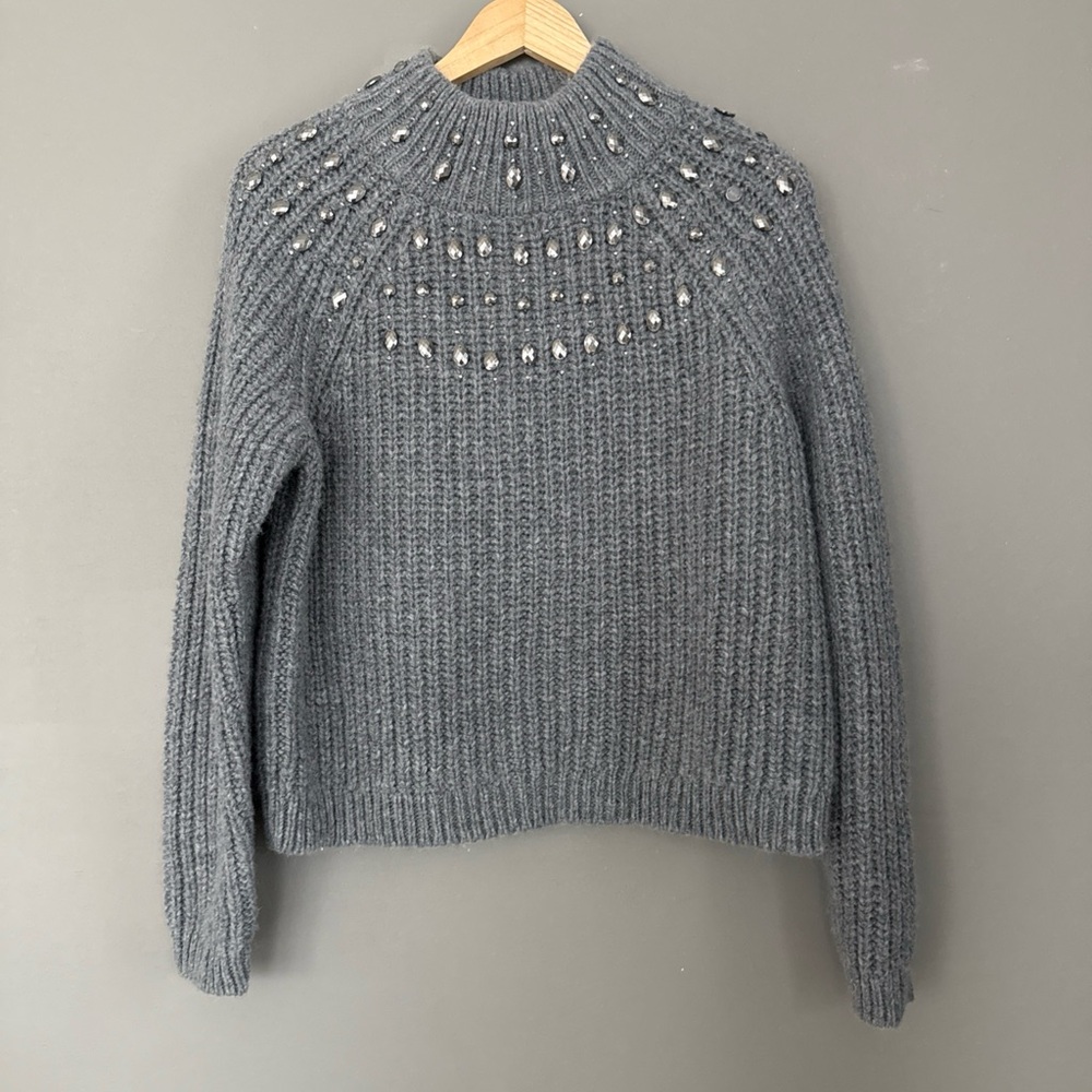 Chunky Gray Cowl Neck Sweater with Beaded Detail